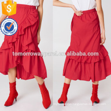 Asymmetric Hem Red Cotton Overlap Maxi Frill Summer Skirt Manufacture Wholesale Fashion Women Apparel (TA0046S)